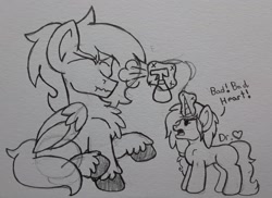 Size: 2281x1660 | Tagged: safe, artist:drheartdoodles, oc, oc only, oc:dr.heart, oc:niki rage, pegasus, pony, unicorn, bottle, clydesdale, size difference, spray, traditional art