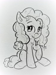 Size: 3840x5120 | Tagged: safe, artist:lightisanasshole, pear butter, earth pony, pony, big eyes, black and white, blushing, chest fluff, curly hair, ear fluff, female, fluffy, grayscale, looking at you, monochrome, mother, raised eyebrow, raised hoof, sitting, smiling, solo, traditional art, wip