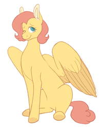 Size: 1342x1649 | Tagged: safe, artist:sandwichbuns, fluttershy, pegasus, pony, alternate hairstyle, female, mare, one eye closed, short mane, simple background, sitting, solo, white background, wink