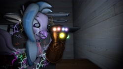 Size: 3840x2160 | Tagged: safe, artist:ma3a, derpibooru exclusive, silverstream, classical hippogriff, hippogriff, 3d, 4k, excited, fanfic in the description, grin, infinity gauntlet, infinity stones, lightning, machine saga timeline, marvel, night, oh shit, power outage, smiling, source filmmaker, table, this will not end well, uss enterprise, xk-class end-of-the-world scenario