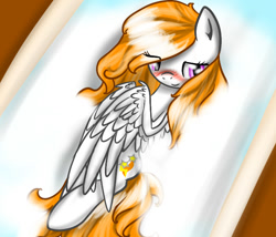 Size: 700x600 | Tagged: safe, artist:vikuskaal, oc, oc only, oc:ghasty, pegasus, pony, blushing, female, lidded eyes, mare, on back, solo