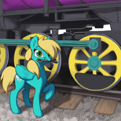 Size: 2000x2000 | Tagged: safe, artist:redruin01, oc, oc only, oc:steam cloud, pegasus, pony, commission, cute, female, locomotive, mare, mouth hold, posing for photo, railroad, solo, steam engine, steam train, train, wrench