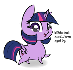 Size: 1884x1818 | Tagged: safe, artist:artiks, twilight sparkle, twilight sparkle (alicorn), alicorn, pony, butt wings, cheek fluff, chibi, cute, dialogue, female, implied spike, mare, pointy legs, simple background, smol, solo, tiny, tiny ponies, twiabetes, white background, wings
