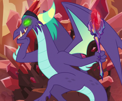 Size: 870x719 | Tagged: safe, edit, edited screencap, screencap, gaius (dragon), dragon, the hearth's warming club, bloodstone scepter, cropped, glowing eyes, hand on chin, open mouth, sitting, solo