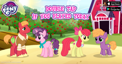 Size: 960x504 | Tagged: safe, apple bloom, big macintosh, little mac, sugar belle, the last problem, apple, barn, collar, colt, facebook, female, food, freckles, game, gameloft, male, mare, my little pony logo, older, older apple bloom, older big macintosh, older sugar belle, ribbon, scrunchie, stallion, sweet apple acres, tree