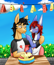 Size: 1600x1900 | Tagged: safe, artist:zachc, oc, oc only, original species, pony, shark, shark pony, clothes, couple, decoration, eating, female, food, hearts and hooves day, ice cream, male