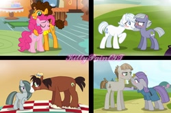 Size: 1280x850 | Tagged: safe, artist:kittypaintyt, cheese sandwich, double diamond, limestone pie, marble pie, maud pie, mudbriar, pinkie pie, trouble shoes, earth pony, pony, the maud couple, blushing, boop, cheesepie, crack shipping, deviantart, diamondstone (ship), female, limediamond, male, marbleshoes, maudbriar, noseboop, nuzzling, picnic blanket, pie sisters, ponyville, shipping, siblings, sisters, straight, sugarcube corner