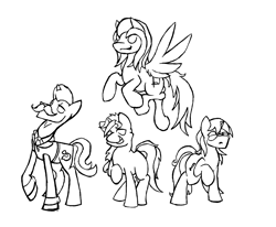 Size: 1804x1488 | Tagged: safe, artist:lucas_gaxiola, oc, oc only, earth pony, pegasus, pony, unicorn, clothes, cuffs (clothes), earth pony oc, facial hair, female, flying, group, horn, lineart, male, mare, monochrome, moustache, necktie, pegasus oc, raised hoof, stallion, unicorn oc, wings