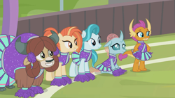 Size: 1366x768 | Tagged: safe, screencap, lighthoof, ocellus, shimmy shake, smolder, yona, changedling, changeling, dragon, pony, yak, 2 4 6 greaaat, cheerleader, cheerleader ocellus, cheerleader outfit, cheerleader smolder, cheerleader yona, clothes, cloven hooves, dragoness, female, fence, field, happy, mare, monkey swings, pleated skirt, pom pom, ponytail, skirt, smiling