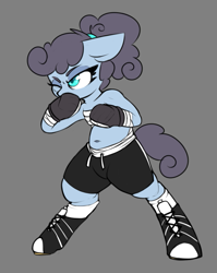 Size: 595x749 | Tagged: safe, artist:lockheart, oc, oc only, oc:polly poppyseed, earth pony, semi-anthro, belly button, boxing, boxing gloves, chest wrap, clothes, female, floppy ears, gray background, hoof shoes, mare, one eye closed, shorts, simple background, solo, sports