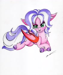 Size: 4911x5825 | Tagged: safe, artist:luxiwind, oc, oc:lilac candle, bat pony, pony, bat pony oc, cloven hooves, female, mare, prone, simple background, solo, traditional art, white background