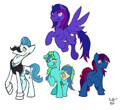 Size: 1636x1456 | Tagged: safe, alternate version, artist:lucas_gaxiola, oc, oc only, earth pony, pegasus, pony, unicorn, clothes, colored, cuffs (clothes), earth pony oc, facial hair, fake cutie mark, female, flying, glasses, group, horn, male, mare, moustache, necktie, pegasus oc, raised hoof, stallion, unicorn oc, wings