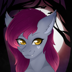 Size: 1600x1600 | Tagged: safe, artist:bellfa, oc, oc only, bat pony, pony, bat pony oc, commission, fangs, female, fog, forest, halloween, holiday, smiling, smirk, ych result