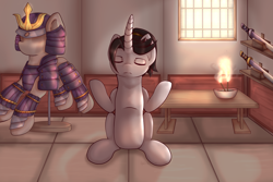 Size: 3000x2000 | Tagged: safe, artist:sadonax, oc, oc only, oc:shiro reisu, pony, unicorn, armor, curved horn, eyes closed, horn, katana, lotus position, male, meditating, samurai, samurai armor, solo, stallion, sword, weapon