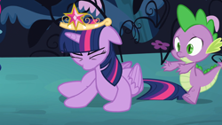 Size: 1920x1080 | Tagged: safe, screencap, spike, twilight sparkle, twilight sparkle (alicorn), alicorn, dragon, pony, princess twilight sparkle (episode), big crown thingy, element of magic, everfree forest, female, jewelry, mare, regalia