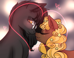 Size: 700x557 | Tagged: artist needed, safe, oc, oc only, oc:aubade, oc:aurelie sweet, bat pony, earth pony, pony, affection, bat pony oc, blushing, female, gift art, lesbian, nuzzles, oc x oc, shipping