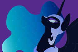 Size: 1280x865 | Tagged: safe, artist:di-yong, nightmare moon, alicorn, pony, armor, bust, ethereal mane, eyelashes, eyeshadow, female, helmet, lidded eyes, makeup, mare, nightmare moon armor, portrait, raised head, simple background, solo, starry mane, wings
