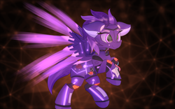 Size: 1500x938 | Tagged: safe, artist:lunar froxy, oc, oc only, oc:shadow galaxy, pegasus, pony, robot, robot pony, commission, floppy ears, flying, patreon, patreon reward, smiling, solo, spread wings, wings