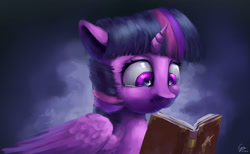 Size: 1842x1131 | Tagged: safe, artist:cyonixcymatro, twilight sparkle, twilight sparkle (alicorn), alicorn, pony, abstract background, book, book of harmony, crying, female, mare, sad, smiling, solo