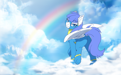 Size: 3439x2134 | Tagged: safe, artist:arctic-fox, oc, oc only, oc:snow pup, pegasus, pony, butt, clothes, cloud, dock, female, looking at you, looking back, mare, on a cloud, plot, rainbow, raised hoof, smiling, smirk, spread wings, standing on cloud, uniform, wings, wonderbolts uniform
