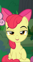 Size: 507x939 | Tagged: safe, screencap, apple bloom, earth pony, pony, the big mac question, bow, cropped, female, filly, hair bow, offscreen character, raised hoof, sitting, smiling, smirk, smug, solo, solo focus