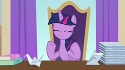 Size: 1920x1080 | Tagged: safe, screencap, twilight sparkle, twilight sparkle (alicorn), alicorn, pony, a horse shoe-in, book, cute, desk, eyes closed, female, folded wings, mare, napkin, origami, smiling, solo, twiabetes, wings