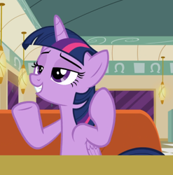 Size: 856x866 | Tagged: safe, screencap, twilight sparkle, twilight sparkle (alicorn), alicorn, the saddle row review, cropped, diner, lidded eyes, sitting, smiling, solo