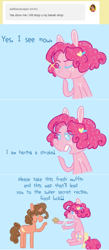 Size: 842x1928 | Tagged: safe, artist:ask-pinkie-polkadot-pie, pinkie pie, oc, oc:banana pie, earth pony, pony, bottle, female, food, muffin, tumblr, tumblr:ask-pinkie-polkadot-pie, younger