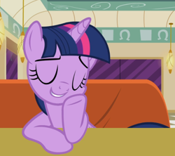 Size: 816x726 | Tagged: safe, screencap, twilight sparkle, twilight sparkle (alicorn), alicorn, the saddle row review, cropped, diner, eyes closed, hoof on cheek, sitting, smiling, smuglight sparkle, solo