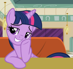 Size: 808x759 | Tagged: safe, screencap, twilight sparkle, twilight sparkle (alicorn), alicorn, the saddle row review, cropped, diner, hoof on cheek, sitting, smiling, smug, smuglight sparkle, solo