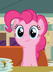 Size: 594x801 | Tagged: safe, screencap, pinkie pie, earth pony, pony, the saddle row review, cropped, cute, diapinkes, diner, plate, sitting, smiling, solo