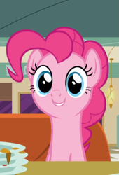 Size: 565x832 | Tagged: safe, screencap, pinkie pie, earth pony, pony, the saddle row review, cropped, cute, diapinkes, diner, looking at you, plate, smiling, solo