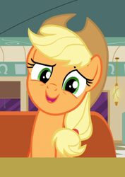 Size: 612x866 | Tagged: safe, screencap, applejack, earth pony, pony, the saddle row review, cropped, diner, looking at you, open mouth, solo