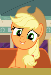 Size: 583x851 | Tagged: safe, screencap, applejack, earth pony, pony, the saddle row review, cropped, cute, diner, jackabetes, looking at you, smiling, solo