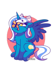 Size: 2039x2893 | Tagged: safe, artist:jonkou, oc, oc:fleurbelle, alicorn, butterfly, pony, abstract background, adorabelle, alicorn oc, bow, butterfly on nose, cheek fluff, chest fluff, circle background, cute, ear fluff, female, hair bow, happy, insect on nose, looking up, mare, ocbetes, solo, sweet