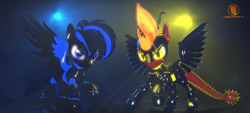 Size: 3840x1740 | Tagged: safe, artist:phoenixtm, oc, oc:delta firedash, oc:jinx ardor, alicorn, dracony, hybrid, pony, robot, robot pony, 3d, alicorn oc, armor, duo, female, robot dracony, scales, shiny, source filmmaker, spread wings, watermark, wings