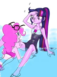 Size: 753x1008 | Tagged: safe, artist:xjleiu, pinkie pie, sci-twi, twilight sparkle, equestria girls, equestria girls series, armpits, blue swimsuit, clothes, duo, duo female, female, glasses, glasses off, hand on head, one-piece swimsuit, pink swimsuit, ponytail, sandals, sleeveless, striped swimsuit, swimsuit, tricolor swimsuit, tripped, water, wet
