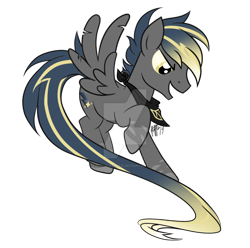 Size: 900x891 | Tagged: safe, artist:flufflesauce, artist:mayrinmewmew, oc, oc only, oc:thunderspark, pegasus, pony, art fight 2019, blue, dark, deviantart watermark, flying, male, obtrusive watermark, simple background, solo, stallion, torn wings, transparent background, watermark, wings, yellow