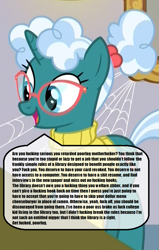 Size: 569x892 | Tagged: safe, edit, edited screencap, screencap, bellflower blurb, pony, the point of no return, /mlp/, copypasta, cropped, librarian, nigger, rant, solo, text, vulgar