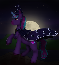 Size: 2000x2210 | Tagged: safe, artist:69beas, oc, oc only, oc:neon eclipse, pony, unicorn, cape, clothes, colored hooves, commission, cutie mark, dark, digital art, hat, hoof fluff, hooves, magic, magic glow, male, moon, pose, raised hoof, rock, solo, stallion, wizard hat