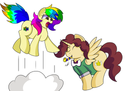 Size: 1280x931 | Tagged: safe, artist:rainbowtashie, cheese sandwich, donut joe, fancypants, soarin', oc, oc:king calm merriment, oc:rainbow tashie, alicorn, earth pony, pony, alicorn oc, clothes, commissioner:bigonionbean, cute, female, funny, fusion, fusion:king calm merriment, jumping, male, mare, simple background, stallion, surprised, transparent background, writer:bigonionbean