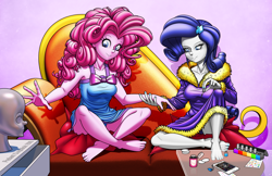 Size: 2923x1889 | Tagged: safe, artist:pedantczepialski, pinkie pie, rarity, human, equestria girls, barefoot, bathrobe, blue underwear, cellphone, clothes, feet, female, nail polish, panties, phone, purple underwear, robe, sofa, table, toenail polish, underwear