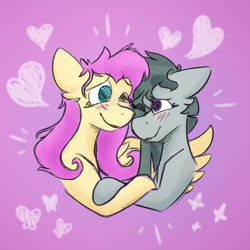 Size: 1000x1000 | Tagged: safe, artist:antimationyt, fluttershy, marble pie, earth pony, pegasus, pony, blushing, bust, eye contact, female, heart, holding hooves, hug, lesbian, looking at each other, marbleshy, mare, one eye closed, one wing out, shipping, smiling, stray strand, winghug, wings
