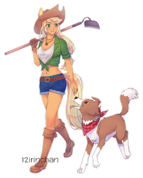 Size: 1280x1593 | Tagged: safe, artist:12irinchan, derpibooru import, applejack, winona, dog, human, plantigrade anthro, apple, bandana, belly button, breasts, chest freckles, cleavage, clothes, colored pupils, cute, denim shorts, duo, eared humanization, female, food, freckles, front knot midriff, gloves, hoe, humanized, jackabetes, jewelry, midriff, necklace, shorts, tailed humanization