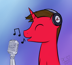 Size: 2000x1800 | Tagged: safe, artist:pc012, oc, oc only, oc:odyssey eurobeat, pony, unicorn, colt, eurobeat brony, headphones, male, microphone, music notes, odyssey eurobeat, signature, singing, stallion