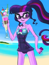 Size: 759x1011 | Tagged: safe, artist:xjleiu, sci-twi, twilight sparkle, better together, equestria girls, armpits, attached skirt, beach, blue swimsuit, cellphone, clothes, female, food, glasses, ice cream, looking at you, one-piece swimsuit, phone, ponytail, smartphone, smiling, solo, striped swimsuit, swimsuit, tricolor swimsuit