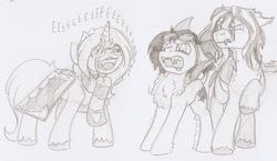 Size: 1513x878 | Tagged: safe, artist:ravenpuff, oc, oc:koko, oc:puffy, oc:umbreow, bat pony, pony, unicorn, clothes, female, glasses, mare, monochrome, scarf, traditional art