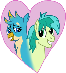 Size: 782x865 | Tagged: safe, artist:sparks the griffon, derpibooru exclusive, gallus, sandbar, earth pony, griffon, pony, gallbar, gay, heart, male, shipping, simple background, transparent background