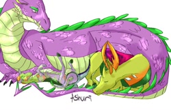 Size: 900x581 | Tagged: safe, artist:ashurikrbg, spike, thorax, oc, oc:dragonfly, changedling, changeling, dragon, hybrid, cute, gay, interspecies offspring, king thorax, lying down, magical gay spawn, male, offspring, older, older spike, parent:spike, parent:thorax, parents:thoraxspike, shipping, thoraxspike