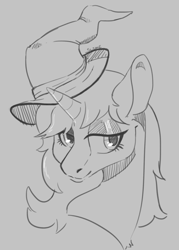 Size: 1750x2450 | Tagged: safe, artist:slimeprnicess, oc, oc only, oc:moonlit silver, pony, unicorn, black and white, bust, female, gray background, grayscale, hat, mare, monochrome, request, signature, simple background, solo, wizard hat